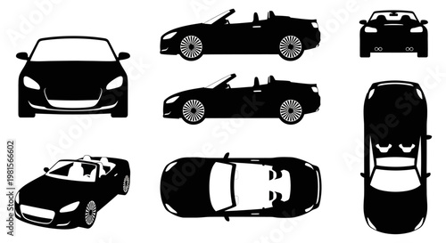 Multiple Views of a Black Convertible Sports Car Silhouette - Front, Side, Top, Rear