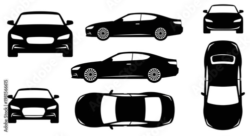 Multiple Views of a Black Luxury Sedan Car Silhouette - Front, Side, Top