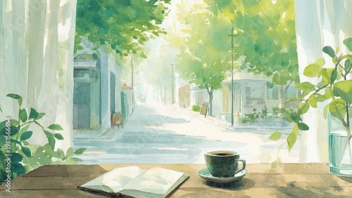 水彩で描く静かな街とカフェ 読書とコーヒーのある日常風景
