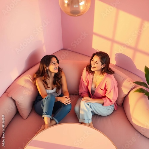 Soft hues embrace shared giggles as laughter echoes through the pastel lounge,  cozy,  comfort