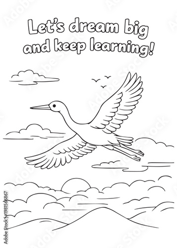 coloring book cute stork dreaming big and keep learning