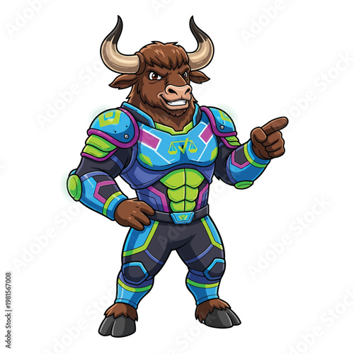 Bull humanoid in futuristic armor pointing