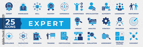 Expert icon set collection, containing icon expert, knowledge, skill, mastery, experience, competence, leadership, mentorship and innovation. Simple Flat Blue Icon Vector Illustration.