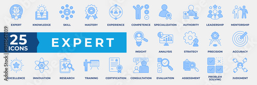 Expert icon set collection, containing icon expert, knowledge, skill, mastery, experience, competence, leadership, mentorship and innovation. Simple Blue Icon Vector Illustration.