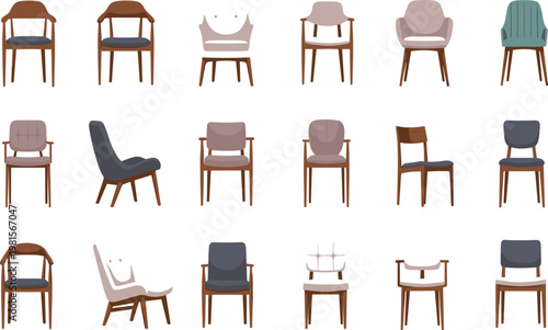 Modern chair collection with wooden and upholstered seating furniture vector set isolated on white background