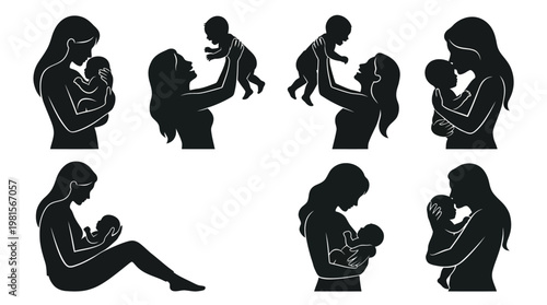 Mother and Baby Silhouette Vector Set – 4 Loving Family Poses in Clean Grid Layout