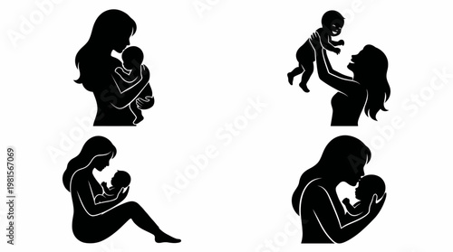 Mother and Baby Silhouette Vector Set – 4 Loving Family Poses in Clean Grid Layout