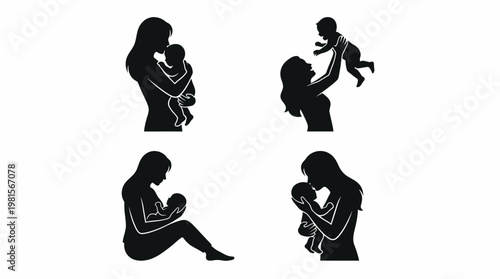 Mother and Baby Silhouette Vector Set – 4 Loving Family Poses in Clean Grid Layout