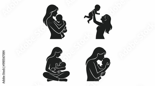 Mother and Baby Silhouette Vector Set – 4 Loving Family Poses in Clean Grid Layout