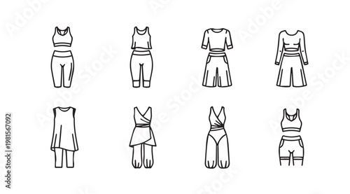 Collection of simple line art outfits for women on white background