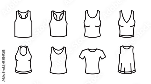 Collection of simple line art tank tops and t-shirts for fashion design concepts
