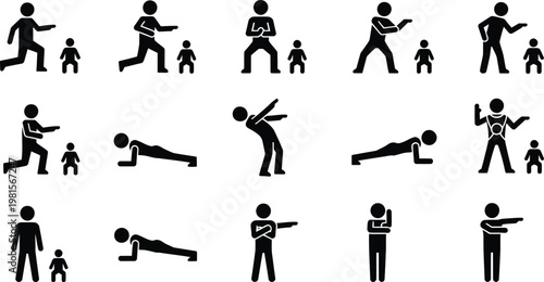 Collection of icons depicting people performing various fitness exercises and activities with push up exercises activities
