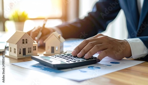 Hands calculate mortgage payment with two miniature houses on financial documents
