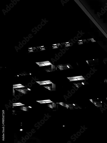Noir-style B&W image of a layered city building against a dark night sky.