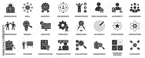 Expert icon set collection, with expert, knowledge, skill, mastery, experience, competence, leadership, mentorship and innovation. Glyph Icon Vector Illustration.