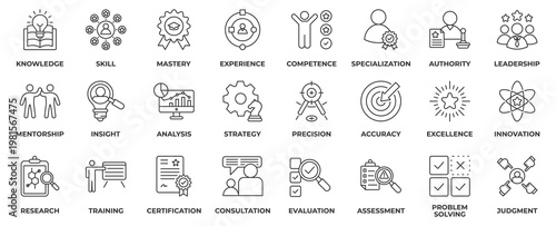 Expert icon set collection, with expert, knowledge, skill, mastery, experience, competence, leadership, mentorship and innovation. Outline Style Icon Vector Illustration.