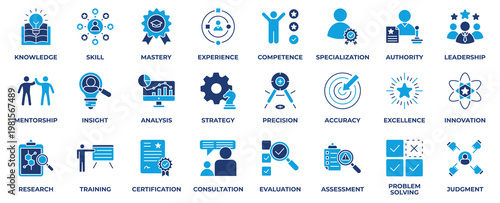 Expert icon set collection, with expert, knowledge, skill, mastery, experience, competence, leadership, mentorship and innovation. Flat Blue Style Icon Vector Illustration.