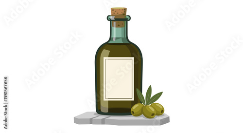 An elegant dark green glass bottle of organic olive oil featuring a cork stopper and blank label sits beside fresh green olives on a grey stone base.