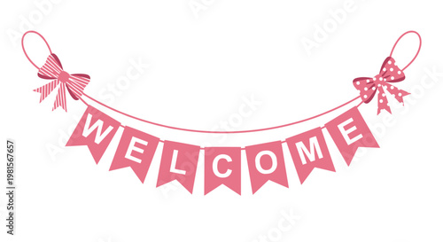 A festive pink bunting banner displaying the word welcome in bold white letters hangs gracefully between two ornate patterned bows on a white backdrop.