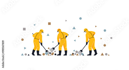 Three professional workers wearing yellow protective hazmat suits carefully rake various geometric debris across a clean white surface under bright even lighting.