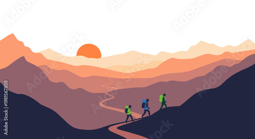 Three adventurous backpackers wearing vibrant gear trek along a winding mountain trail during a serene sunset featuring layered peaks and a warm orange glow.