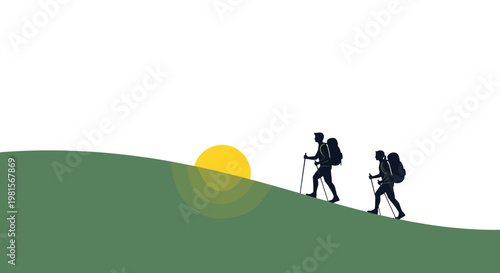 Two determined silhouetted explorers using trekking poles ascend a lush green grassy hill toward a glowing yellow sun against a pristine white sky background.