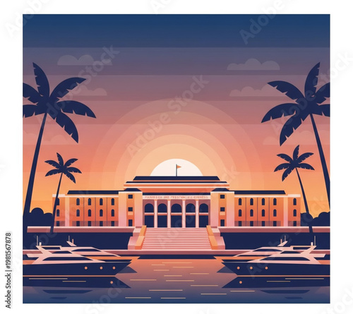Exquisite tropical sunset over a grand waterfront resort, featuring elegant architecture, silhouetted palm trees, and luxury yachts reflecting in the serene water