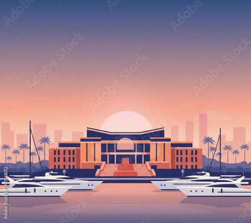Luxurious waterfront estate with yachts and palm trees at sunset, evoking a lifestyle of wealth and leisure