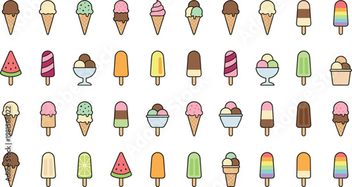 Colorful Ice Cream Icon Set with Various Flavors, Cones, Popsicles, and Sundaes for Summer, Dessert, and Food Themed DesignsB