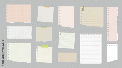 Vector illustration of various torn paper notes and sticky notes on a gray background, featuring diverse textures.