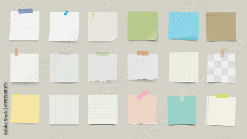 A collection of colorful sticky notes and paper sheets, featuring various textures and colors. Sticky notes and paper for reminders and organization. Stationery element vector set.