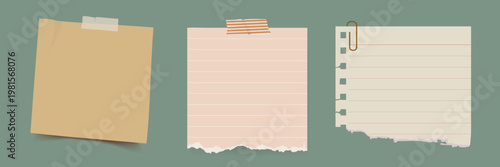 Three note papers: a plain sticky note, a lined paper with tape, and a torn notebook page with a paperclip. Note papers for reminders and lists. Stationery element vector set.