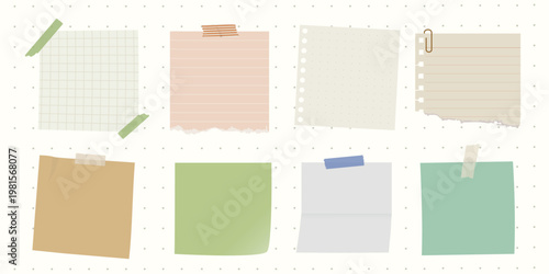 Collection of various paper notes, sticky notes, and torn pages. Includes grid, lined, and plain designs with tape and paperclip accents. Stationery element vector set.