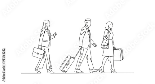 Line Art Illustration of Business Travelers at Airport.