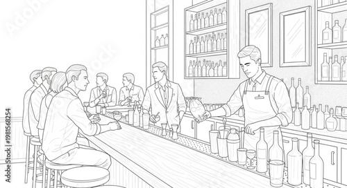 Line Art Illustration of People at a Bar.