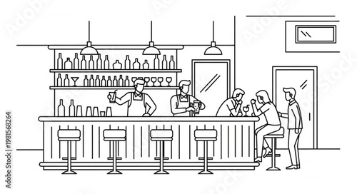 Line Art Illustration of People at a Bar with Bartenders.