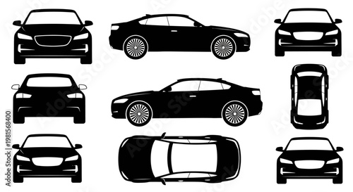 Set of black car silhouette views: front, side, top, and back. Vector illustration.