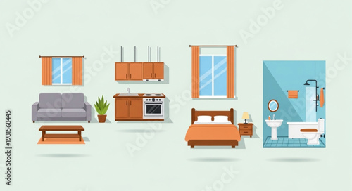 Interior Design Elements - Living Room, Kitchen, Bedroom, and Bathroom.