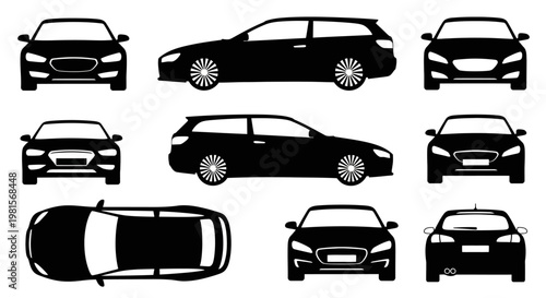 Multiple Views of Black Station Wagon Car Silhouette: Front, Side, Top