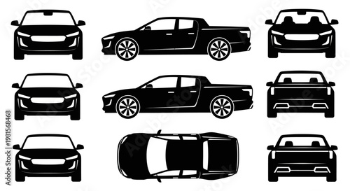 Pickup Truck and Car Silhouettes: Front, Side, and Top Views