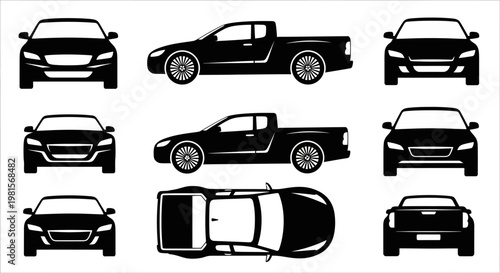 Pickup Truck and Car Silhouettes: Front, Side, Top Views