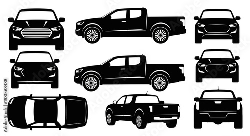 Pickup Truck and Car Silhouettes: Front, Side, Top Views
