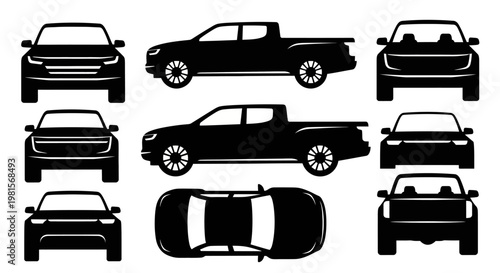 Pickup Truck and SUV Silhouettes: Front, Side, Top Views