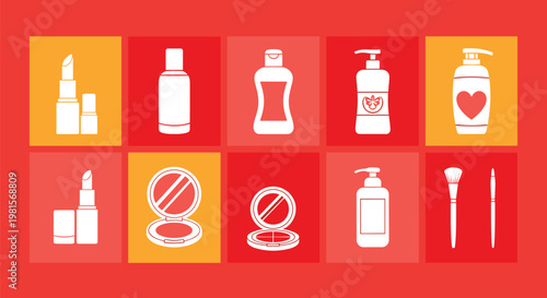 Colorful grid layout displays white silhouettes of various beauty and cosmetic products like lipsticks, lotions, brushes, and mirrors.