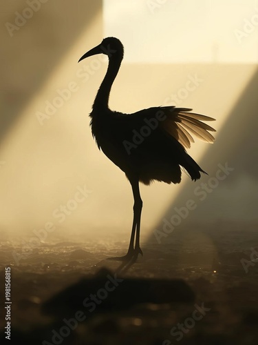 Shadowed silhouette of a ghostly dodo, wings tucked, standing on ancient soil, bathed in ethereal morning mist,  ancient,  mauritius