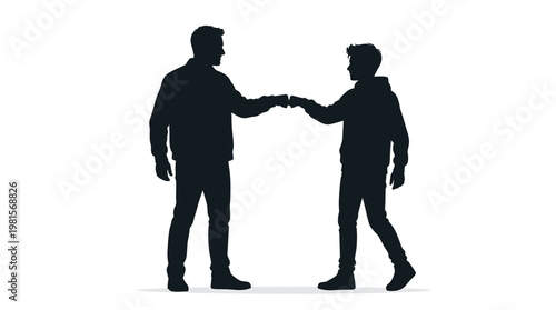 Black silhouette of adult man and teenage son doing a fist bump greeting gesture isolated on white background representing family bond and teamwork
