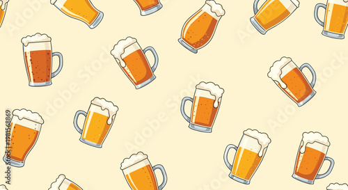 Fun and vibrant seamless pattern displays numerous beer mugs filled with golden lager and topped with overflowing white foam.