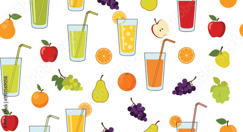 Colorful seamless pattern features various glasses of fresh fruit juice accompanied by ripe apples, pears, oranges, and grapes.
