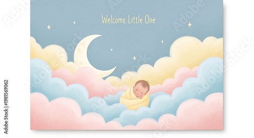Sweet baby nestled in pastel clouds under a crescent moon and stars