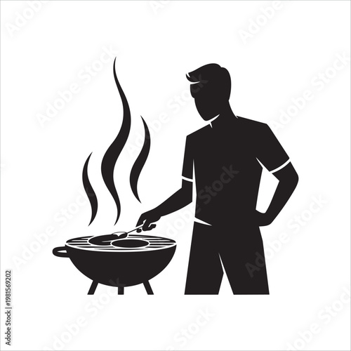 Man grilling barbecue food on charcoal grill, summer outdoor cooking activity, vector silhouette illustration.